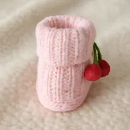 cdeck Knitted Woolen Booties for Babies (0-6 Months) – Soft & Warm Handcrafted Baby Shoes with Cherry Pom Design | Cozy Winter Footwear for Newborn Boys & Girls | Light Pink image 4