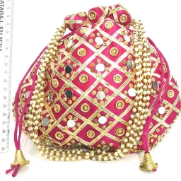 athz Potli Bag Velvet Golden Work Wedding potli for Ladies Gift for Women Handbags Traditional Indian Wristlet with Drawstring Ethnic Embroidery Women Fashion Potli (Rani, Mirror) image 1