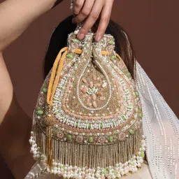 mybwo Noor-E-Pearl Potli Bag Handcrafted Pastel Beaded Drawstring Clutch with Pearl Tassels | Wedding & Festive Purse for Women image 5