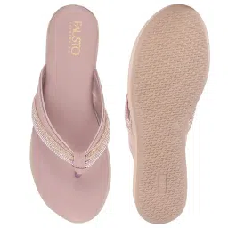 fausto Women Elegant Embellished Shimmery Wedding T-Strap Flat Slip On Slippers | Soft Cushioned Footbed | Party, Reception, Festive image 4