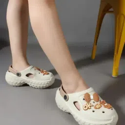 Slingback Casual Slip-On Clogs for Women with Cute Charms | Lightweight Platform Heels | Comfortable & Fashionable Women?s Clog Slippers, Travel & Outdoor Use (Grey-Bown) image 1