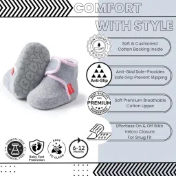 neska moda 6 To 12 Months Baby Boys & Girls Soft Cotton Fur Solid Hook & Loop Closure Booties (Grey & Pink) - BT5083 image 2