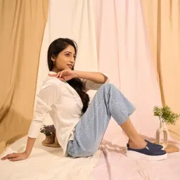 fausto Women's Fashion Classic Stitched Upper Denim Open Back Slip On Height Enhancer Casual Shoes image 5