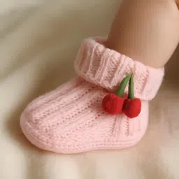 cdeck Knitted Woolen Booties for Babies (0-6 Months) – Soft & Warm Handcrafted Baby Shoes with Cherry Pom Design | Cozy Winter Footwear for Newborn Boys & Girls | Light Pink image 2