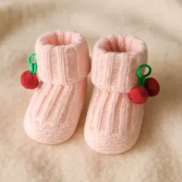 cdeck Knitted Woolen Booties for Babies (0-6 Months) – Soft & Warm Handcrafted Baby Shoes with Cherry Pom Design | Cozy Winter Footwear for Newborn Boys & Girls | Light Pink image 1