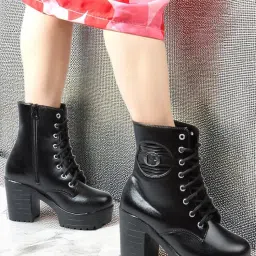 strasse paris Women's Round Toe Boots Buckle Lace Up Chunky, Block Heel Boots for Women & Girls image 2