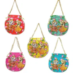 vinnie Ethnic Potli Bag with Radha Krishna Print – Traditional Indian Handbag with Beaded Handle for Women – Wedding, Puja, Festival Gift Bag image 1