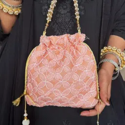 the kala chikans Kala All-Over Hand Embroidered Chikankari Potli Bags | Moti Strap | Adjustable Drawstring | Ethnic Bridal Return Gift | Festive Clutch Pouch for Women | Traditional Handbag image 3