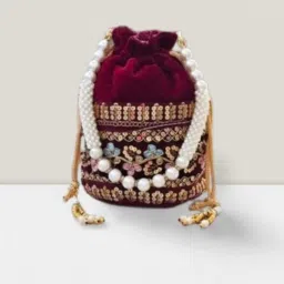 suneshcreation Ethnic Potli Handbag with Beaded Handle,Floral Embroidery, Traditional Drawstring Purse, Velvet Wristlet image 4
