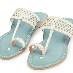 korakari Women's Kolhapuri Chappal Sky Blue Base and White Dimond Punching Upper Design Smooth and Comfortable Flip Flops Stylish Handcrafted Leather Sandal Anti Slip Design Durable Slippers image 3