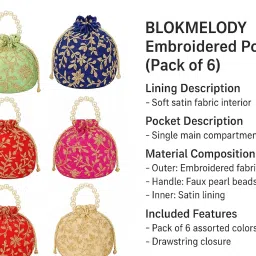 blokmelody Embroidered Potli Bag Pack of 6 | Leaf Floral Design with Small Moti Handle Batwa Bag Bridal Purse | Women Handbag Shagun Pouch Return Gifts Beads Handle (Assorted) image 2