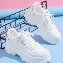 shoetopia Lace-up Detail White Chunky Sneakers for Women & Girls image 1