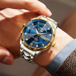 olevs Men's Business Watch Gold Blue with Large Easy-Read Analog Quartz Date Display Luxury Stainless Steel Band Waterproof Luminous Hands image 4