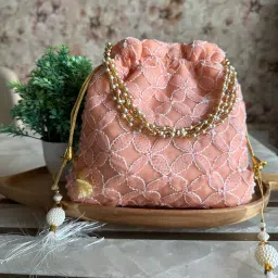 the kala chikans Kala All-Over Hand Embroidered Chikankari Potli Bags | Moti Strap | Adjustable Drawstring | Ethnic Bridal Return Gift | Festive Clutch Pouch for Women | Traditional Handbag image 2