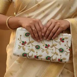 Embroidered Floral Clutch Bag for Women | Elegant Party & Wedding Purse with Detachable Gold Chain image 4