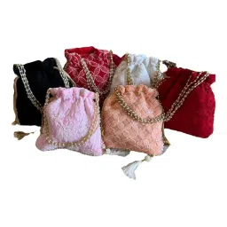 the kala chikans Kala All-Over Hand Embroidered Chikankari Potli Bags | Moti Strap | Adjustable Drawstring | Ethnic Bridal Return Gift | Festive Clutch Pouch for Women | Traditional Handbag image 1