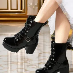 strasse paris Bold and Breezy Black Patent Ankle Length Lace Up Heeled Boots for Women & Girls image 1