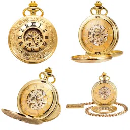 manchda Mechanical Roman Numerals Dial Skeleton Pocket Watches with Gift Box and Chains for Mens Women image 5