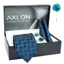 axlon Men's 3D Micro Wooven Silk Necktie Gift Set With Pocket Square Cufflinks & Brooch Pin Tie for Men Formal Tie Set with Box (Pack of 4) (AX11_15, Peacock Blue) image 1