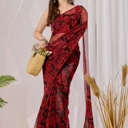 ayodhika saree Elegent Black & Red Chiffon Floral Print Saree with Plain Border | Lightweight Party & casual Wear with Blouse Piece image 1