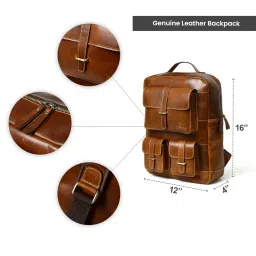 mahetri Portland Backpack (Upto 16") | Handcrafted Full-Grain Leather Laptop Backpack for Men & Women | Vintage Travel Rucksack with Laptop Compartment & Multiple Zipper Organizer Pockets image 3
