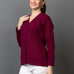 wear lusso Women's Woolen V-Neck Buttoned Full Sleeve Cardigan Self Design Soft Wool Fabric Winter Wear Pure Wool Sweater with Pockets Stylish Outdoor and Office Wear Girls image 3