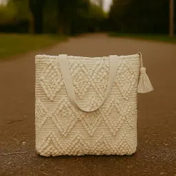 Cotton Boho Tote Bag with Pom-Pom Weave and Tassel, Large 40x35 cm, Beige White, Handmade Shoulder Bag image 3