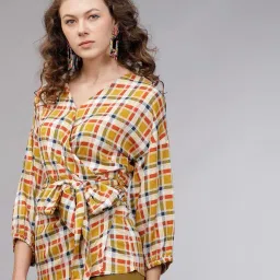 tokyo talkies Women's Three-Quarter Sleeves Round Neck Checked Tops|Stylish | Casual Wear image 1