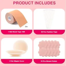 akhirah Boob Tape Kit - Instant Boob Tape with 10 Nipple Pasties for Fashion with 36 Strips Double Sided Tape for Clothes &1 Pair Reusable Nipple Cover for Women Beige image 2