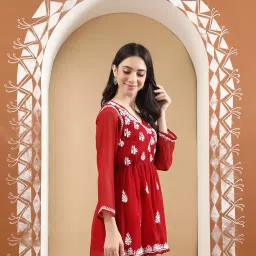 seva chikan Hand Embroidered Lucknowi Chikankari Light Blue Angarkha Georgette Women Short Top & Tunic with Slip SCL9064 image 2