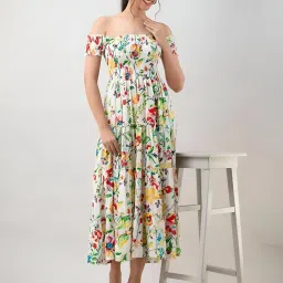 zwerlon | Dress for Women | Women's Midi Dress | Abstract Floral Print | Smocked Bodice & Ruffle Hem image 5