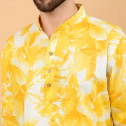 threadori Men’s Yellow All Over Printed Cotton Kurta | Lightweight | Full Sleeve | Band Collar | Side Pockets | Coconut Shell Buttons | Comfortable Everyday image 4