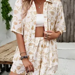 smowkly Women's Casual Printed Khadi Cotton 2 Piece Pajama Set || Button Down Shirt & Shorts Matching Combo || Cute Pjs Sets for Beach Sleepwear Loungewear image 3