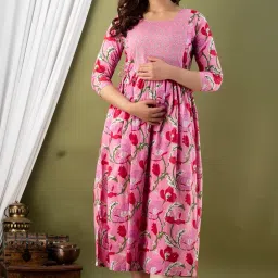Krishna Vastram Women's Pure Cotton All Over Printed Kurti Gown Perfect Maternity and Feeding Dress with Anarkali Kurti Style, Zip Convenience, and Stylish Feeding Nighty image 3