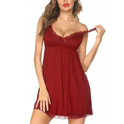 bella intima Lace Babydoll Lingerie Set with Net Fabric Thong Panty Chemise Mesh Printed Nightgown Sleepwear V Neck Nighty for Bridal’s Wedding Nightwear|Maroon image 3