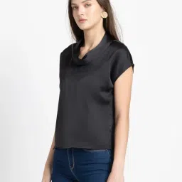 shaye Black Casual Sleeveless Cowl Neck Solid Satin Top for Women image 3