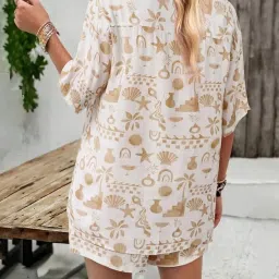 smowkly Women's Casual Printed Khadi Cotton 2 Piece Pajama Set || Button Down Shirt & Shorts Matching Combo || Cute Pjs Sets for Beach Sleepwear Loungewear image 1