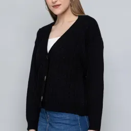 style dusk Women Knitted Regular Fit V Neck Full Sleeve Self Design Solid Winter Wear Woolen Cardigan Sweater image 3