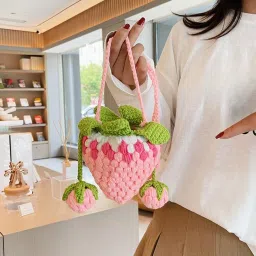 club bollywood VELURA Knitted Shoulder Bag Strawberry Shaped Handbag for Themed Party Women Pink|1 Birthday Party High Chair |Women's Handbags & Bags| Womens Handbags & Bags image 3