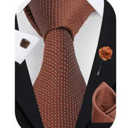 rizoro Mens Plaid Dotted Silk Necktie Gift Set With Pocket Square Cufflinks & Brooch Pin Formal Tie With Leatherite Box (A10RX Free Size) | (Leather Gift Box) (Pack of 4) image 2