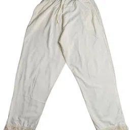 s4m Women's Cotton Rayon Lace Pants, Embroidered Hem,High Rise with 2 Pockets, Elastic Waistband with Drawstring, Side Slit Straight Pants image 3