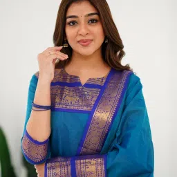 twinlight Women's Kanchi Cotton Elephant Jaquard Work Kurta and Dupatta Set | V Neck 3/4 Sleeves Straight Calf Length Kurti with Jaquard Border Work Dupatta | Kurti Set for Women image 4