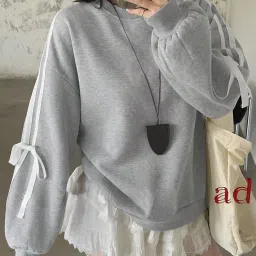 sxv style Women's Black Sweatshirt with White Ribbon Sleeve Detail, Oversized Casual Pullover image 2
