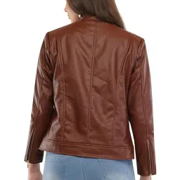 askstar Women's Maroon Faux Leather Jacket with Zip Closure, 53 cm (IN, Alpha, 3XL, Regular, TAN) image 3