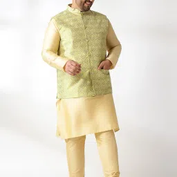 sojanya Plus (Since 1958) Men's Silk Blend Gold Kurta & Pyjama with Jacquard Silk Nehru Jacket image 2