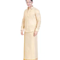 fashily Men's Traditional Indian Shirt and Dhoti Set, Full Sleeves Tissue Silk Cotton Shirt With Dhoti 2 metres for men image 2