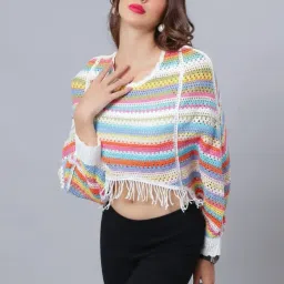 icw Women Multicolour Hollow Out Batwing Sleeves Crochet Cape Poncho Bohemian Tassel Crop Top (ONE Size 30-36 Inch) image 2