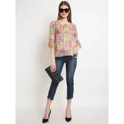 popwings Printed Chiffon Peplum Tops for Women || 3/4th Sleeves Square Neck Women Tops for Summer || Stylish Western Smocking Women Tops image 4