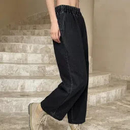 shasmi Girl's & Women's Denim Cotton Elastic Waist Cropped Straight Ankle Length Wide Leg Casual Baggy Jeans for Women, Trousers Pant for Women (Jeans 239) image 2