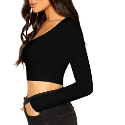 Basic Women's Sexy Top Black Scoop Neck Solid Tops Full Sleeve Blouse Crop Top for Women image 2